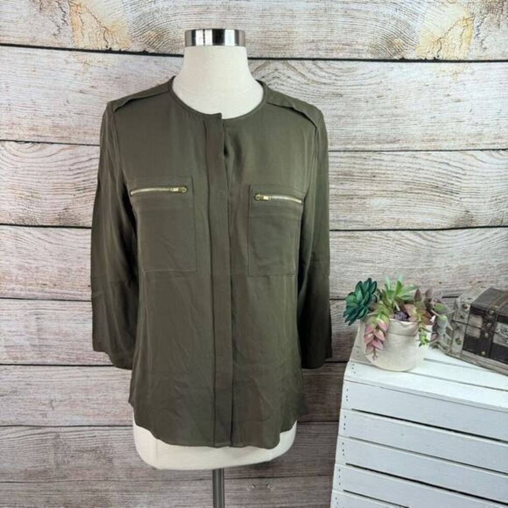 Theory 100% Silk Military Zipper Pocket‎ Olive Green Blouse Size Small